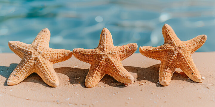 Three small, orange starfish are sitting on a sandy beach. The beach is calm and peaceful, with the water in the background. The starfish are arranged in a row, creating a sense of order and balance