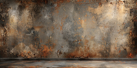 A wall with a lot of rust and paint splatters. The wall is empty and has a lot of texture