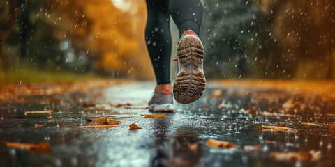 African American legs run outside doing sport in cold any rainy weather healthy lifestyle keep...