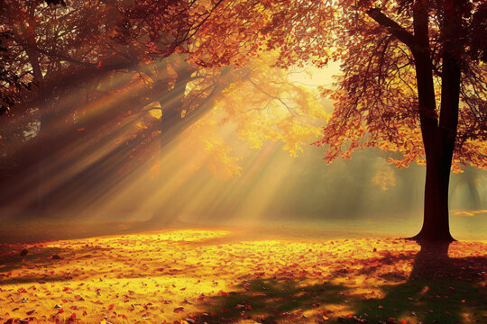 photo sunlight passing through autumn trees