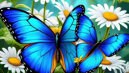 colorful blue tropical morpho butterflies on delicate daisy flowers painted with oil paint
