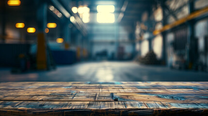 A well-worn wooden table in focus against the backdrop of a defocused industrial warehouse interior - obrazy, fototapety, plakaty