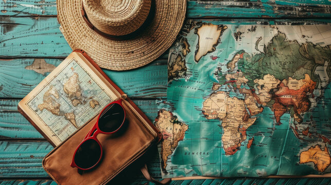 A map of the world is on a table with a hat and sunglasses. The hat is brown and straw, and the sunglasses are red