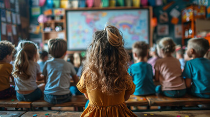 Fototapeta premium The kids at the school are on the interactive whiteboard. 