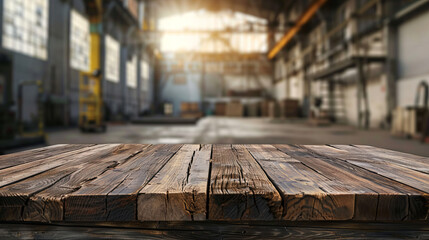 Sunbeams illuminate a rustic wooden table in an unfocused industrial workspace emitting a warm,...