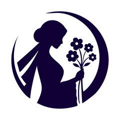 Simple silhouette of young woman in cape, with flowers in profile