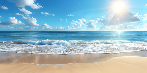 A beautiful beach with a large body of water and a bright sun shining on the water. The sky is mostly clear with a few clouds scattered throughout. Scene is peaceful and relaxing