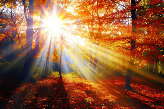 photo sunlight passing through autumn trees