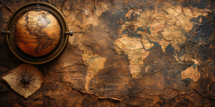 A globe sits on a map of the world. The globe is the focal point of the image, and it is old and worn