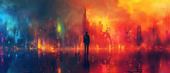 Against the backdrop of a city ablaze with color, he stands tall, his spirit unbroken, his resolve unwavering.