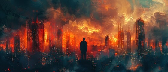 Against the backdrop of a city ablaze with color, he stands tall, his spirit unbroken, his resolve unwavering. - obrazy, fototapety, plakaty
