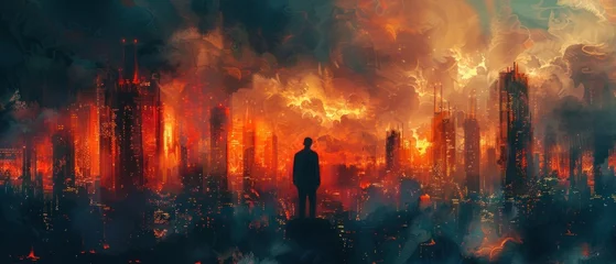Fotobehang Against the backdrop of a city ablaze with color, he stands tall, his spirit unbroken, his resolve unwavering. © 2D_Jungle
