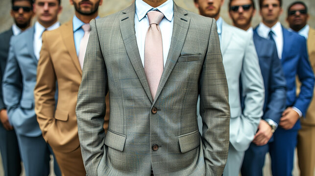 A neat row of mens business suits lined up in an orderly fashion, showcasing professional attire for office workers
