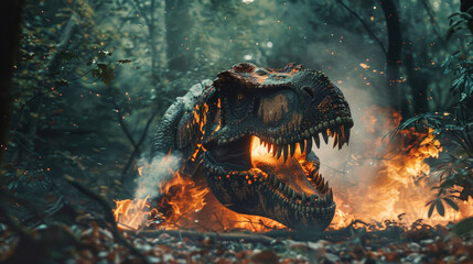 A dinosaur stands in the center of a raging fire, highlighting the intense destruction of its...
