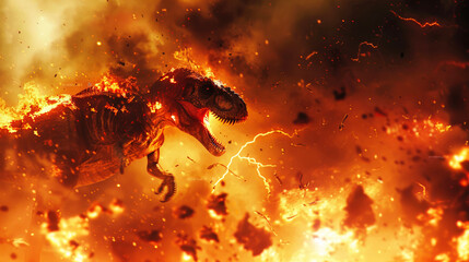 A dinosaur on the move, sprinting through a field engulfed in flames