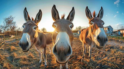 Fotobehang Three donkeys are seen standing within a fenced-in space © Anoo