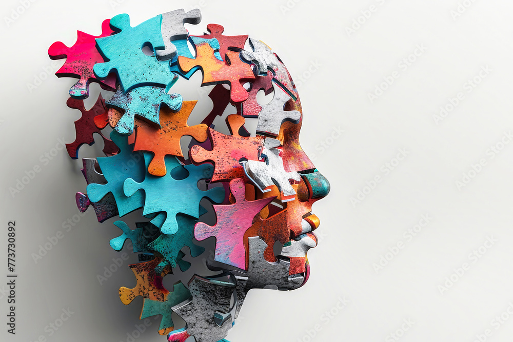 Poster a mosaic of colorful puzzle pieces intricately create the features of a womans face, showcasing a un