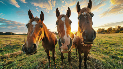 A group of horses, with varying coat colors, are peacefully standing on a lush, green grass-covered field under a clear blue sky