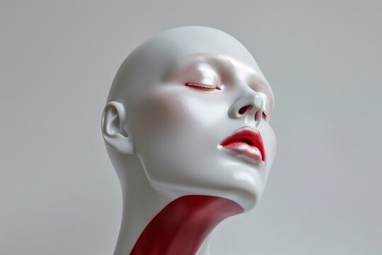 a mannequin head with red lips and neck