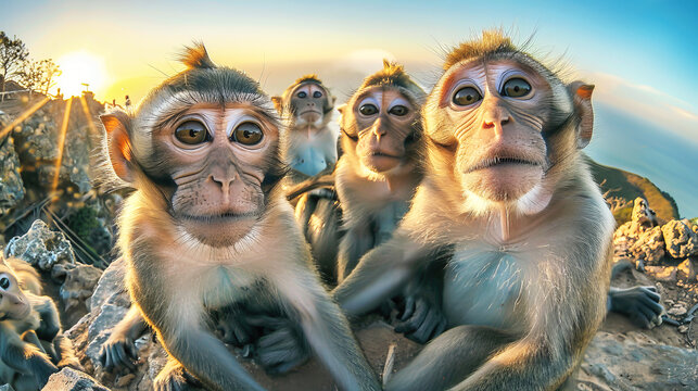 Three monkeys standing side by side with their mouths open in a gesture of surprise or communication