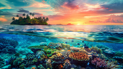 A vibrant painting capturing the beauty of a sunset over a tropical coral reef, displaying colorful fish and intricate coral formations - obrazy, fototapety, plakaty