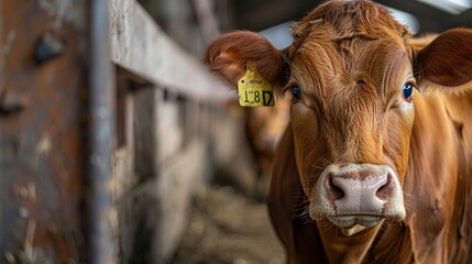 Cattle with Livestock Tag in Farm - obrazy, fototapety, plakaty