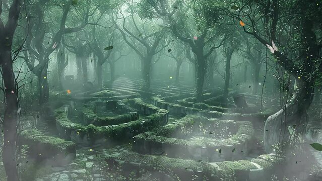 a highly detailed 3D render of a haunted forest maze. seamless looping overlay 4k virtual video animation background