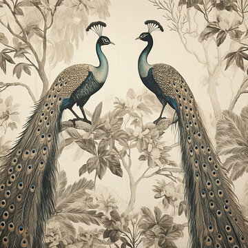 Boho style wallpaper, Vintage botanical illustration of peacocks among tropical trees