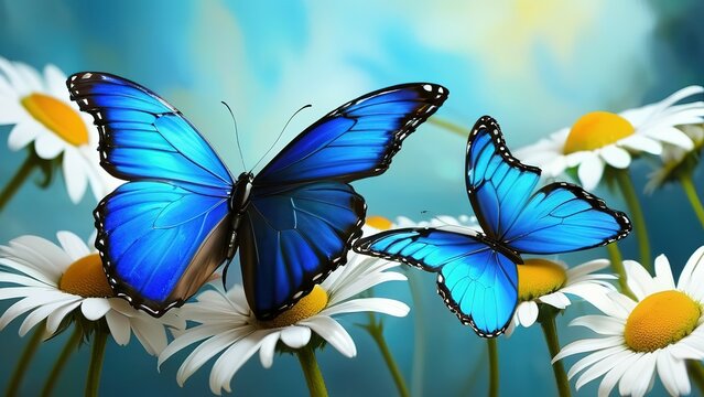 colorful blue tropical morpho butterflies on delicate daisy flowers painted with oil paint