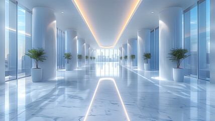 Business center interior: View in elegant white tones - obrazy, fototapety, plakaty