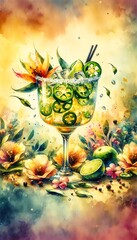 Watercolor Painting of Spicy Jalapeño Margaritas