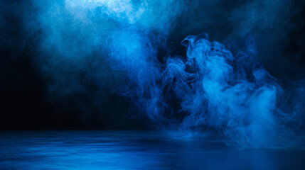 Black room or stage background for product placement blue smoke. Generative Ai