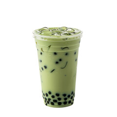 Matcha and bubble boba in a plastic container isolated on white background , green bubble tea on plastic cup