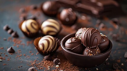 chocolate pralines on dark chocolate background
