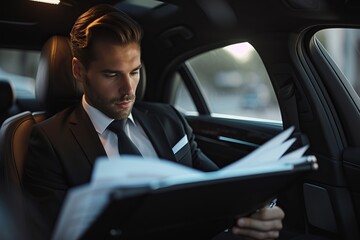 Male entrepreneur sitting on car backseat and working with documents while going to office