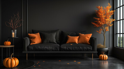 Halloween-Themed Living Room with Black Sofa and Orange Accents. Autumn Decor in Modern Home with Seasonal Pumpkin Decorations