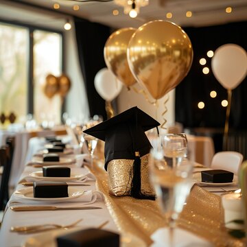 Table setting at hotel or restaurant for special occasion. Graduation party or ceremony