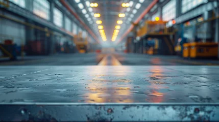 Foto op Canvas Water drops glistening on the floor with a blurry industrial warehouse backdrop and ambient lighting © road to millionaire