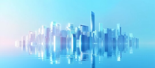 Fototapeta na wymiar Abstract cityscape background with glass buildings and skyscrapers in blue tones, modern architecture concept with reflection on the floor, blurred business center on the horizon, for graphic design, 