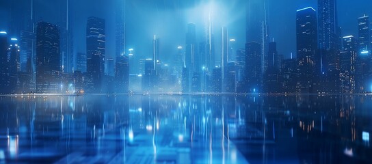 Abstract cityscape background with glass buildings and skyscrapers in blue tones, modern architecture concept with reflection on the floor, blurred business center on the horizon, for graphic design,  - obrazy, fototapety, plakaty