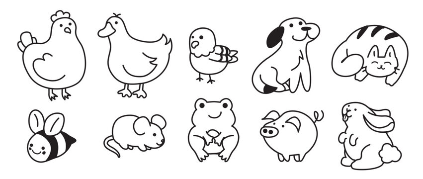 linear illustration of farm animals, dog, cat, rabbit, mouse, frog, pigeon, pig, duck, bee