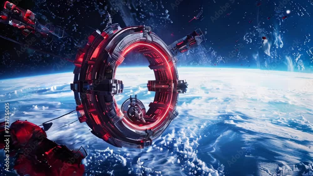 Poster circular futuristic portal or space station orbiting a planet