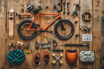 A collection of sports equipment including a bicycle, skateboard, and helmet. The bicycle is orange and has a black seat - obrazy, fototapety, plakaty