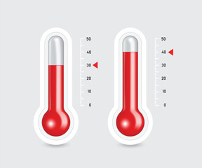 Two thermometers measure the temperature of the air in summer. The heat is 30 degrees Celsius and 40 degrees Celsius ,vector 3d isolated on white background for advertising design