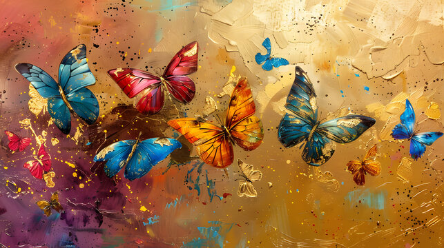 Radiant Butterfly Mural: Expressive and Luminous Gold Grain Artistic Design in Various Applications - Paintings, Posters, Wallpapers, Cards, Carpets, Hanging Prints