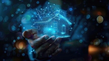 Close up of businessman hand touching virtual house hologram on dark background