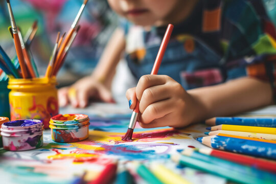 A child is painting a picture with a brush and a variety of colored pencils. The scene is lively and colorful, with the child's hand creating a beautiful piece of art