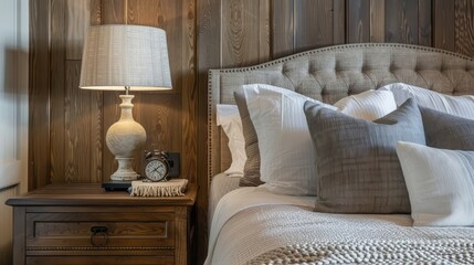 Close up of rustic bedside table lamp near bed with wood headboard. French country, farmhouse, provence interior design of modern bedroom.