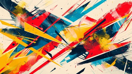 An energetic abstract geometric design, featuring intersecting blue and red triangular shapes with sharp lines and dramatic lighting. - obrazy, fototapety, plakaty
