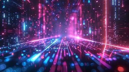 Obraz premium A cybernetic landscape with dazzling red and blue neon light trails, depicts a digital world filled with energy and technological sophistication.